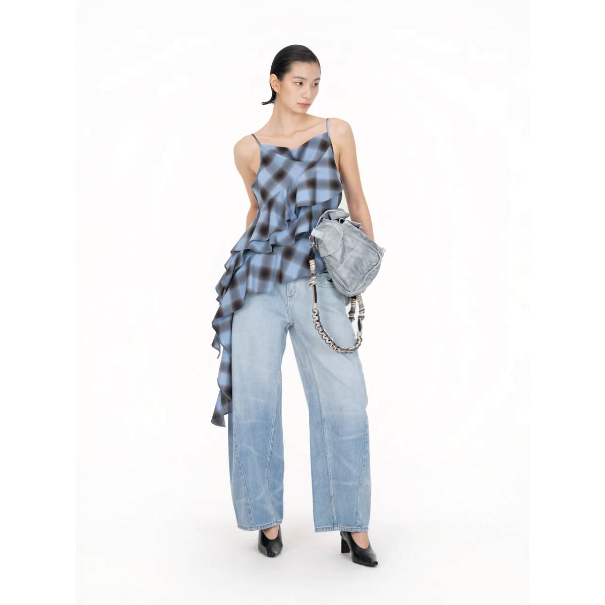 Asymmertrical Ruffle Top 'Blue Check'