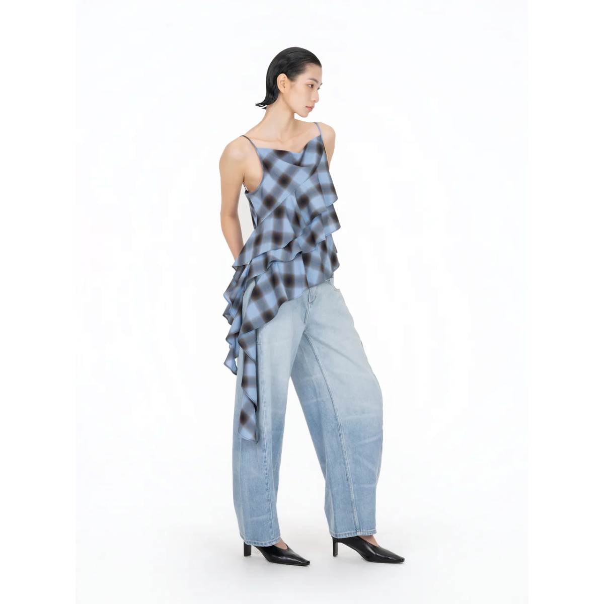 Asymmertrical Ruffle Top 'Blue Check'