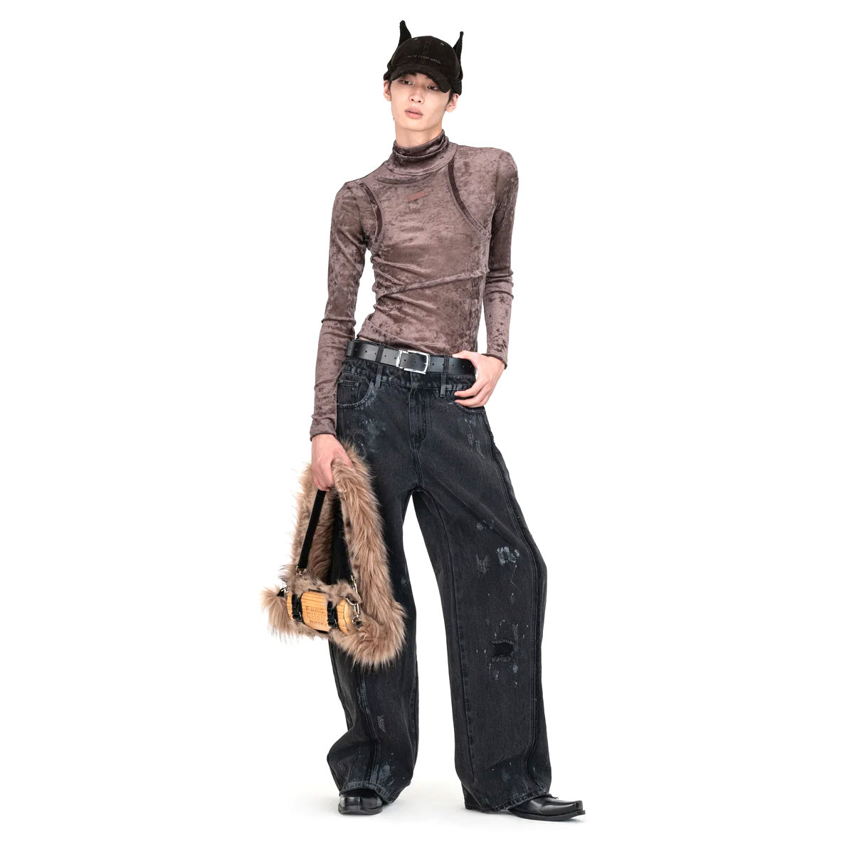 Suede 2-In-1 High Neck Top 'Light Brown'