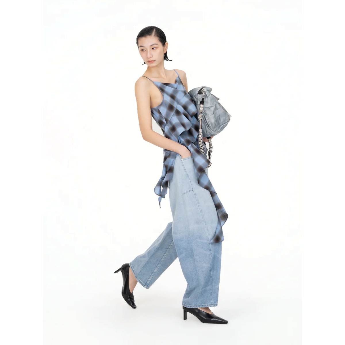 Asymmertrical Ruffle Top 'Blue Check'