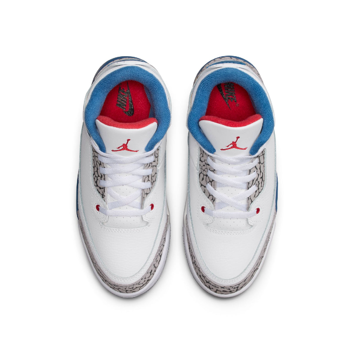 A pair of white high-top sneakers shown from a top-down view on a white background. The shoes feature a white leather upper with gray elephant print overlays, white laces, red accents around the eyelets and tongue, and a bright blue collar lining.
