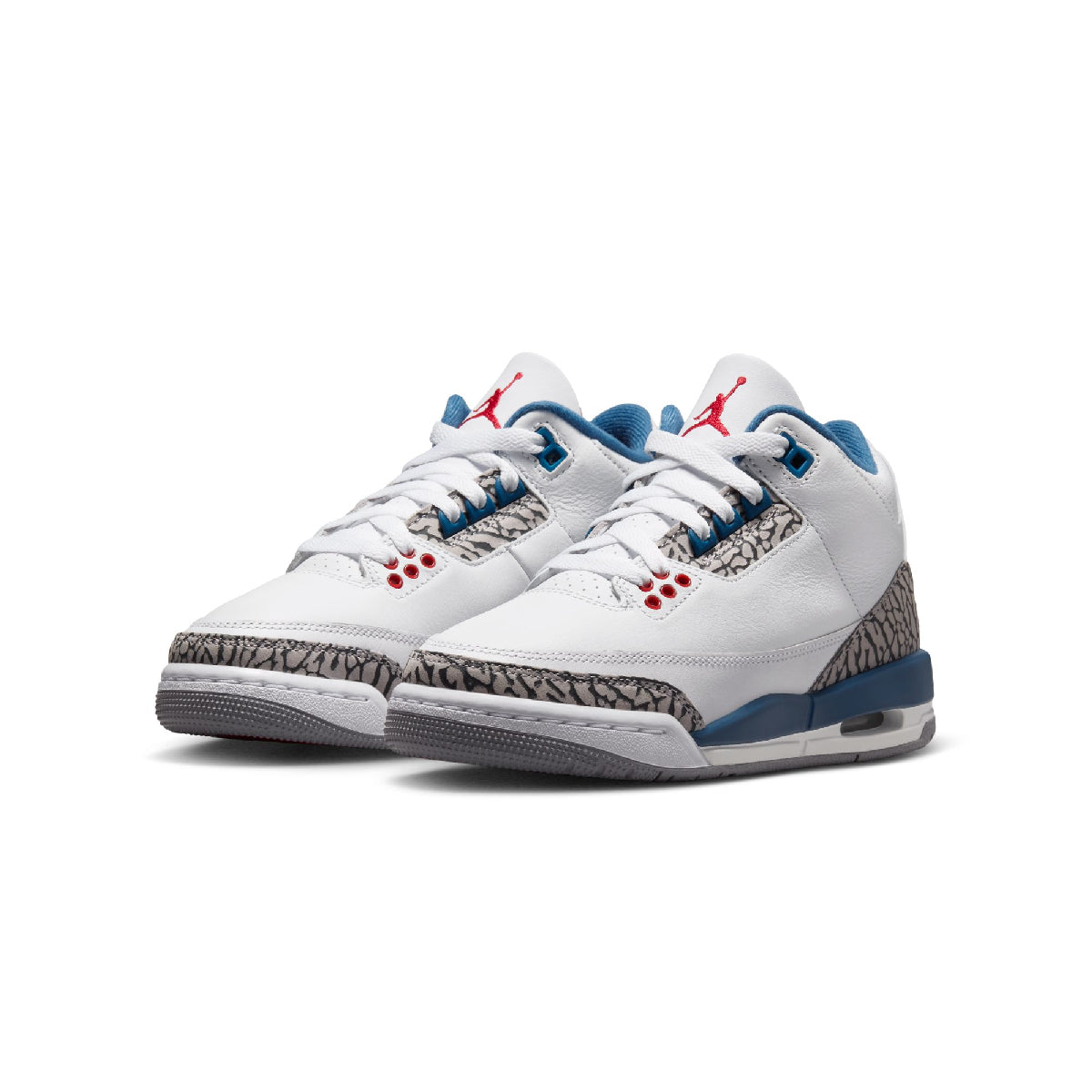 A pair of Air Jordan 3 Retro Low sneakers in white, featuring blue and red accents, gray elephant print midsoles, and a white leather toe box, shown against a plain white background.
