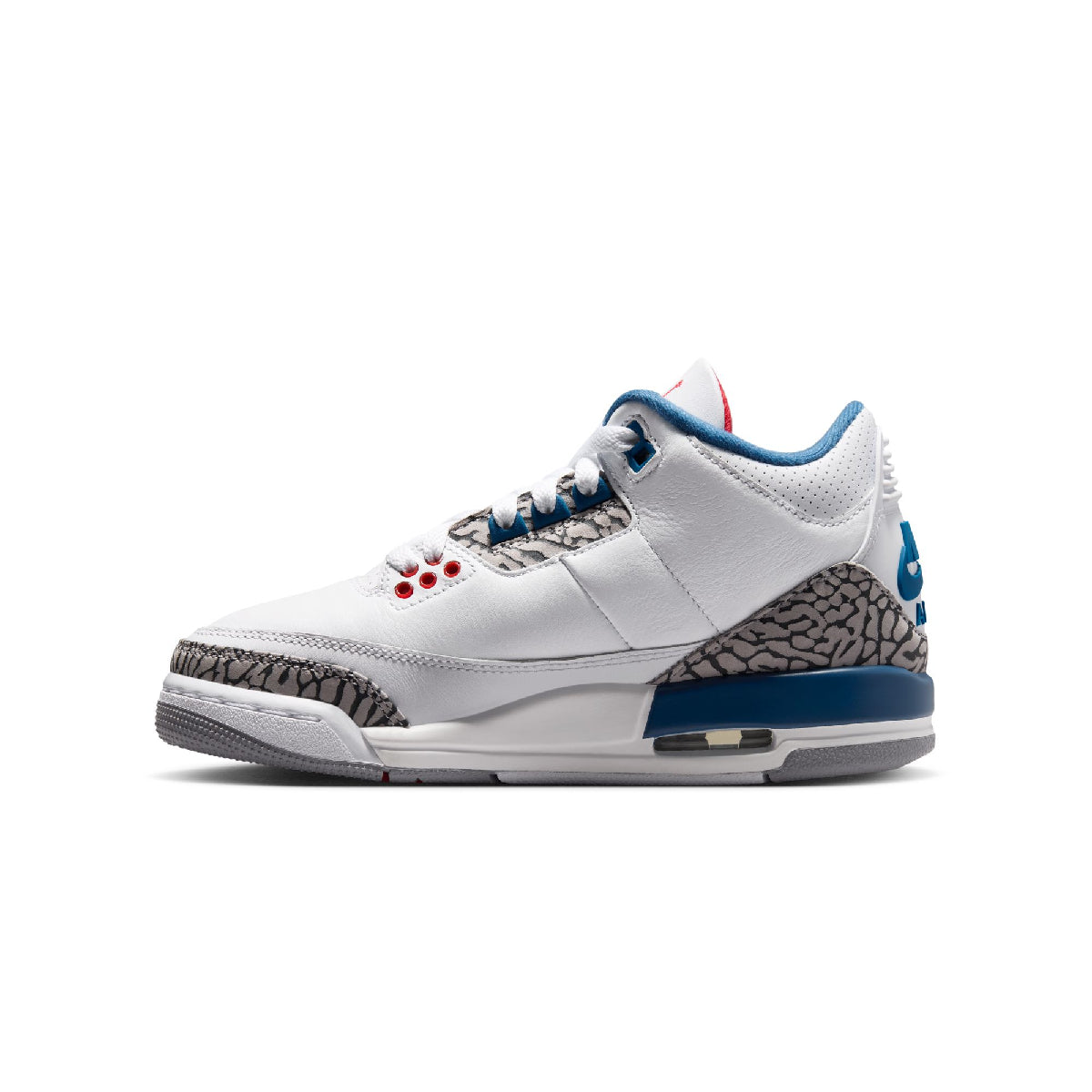 A white Air Jordan 3 Retro Low sneaker with blue accents, featuring the classic gray elephant print on the toe and heel, white laces, and a blue tongue tag.
