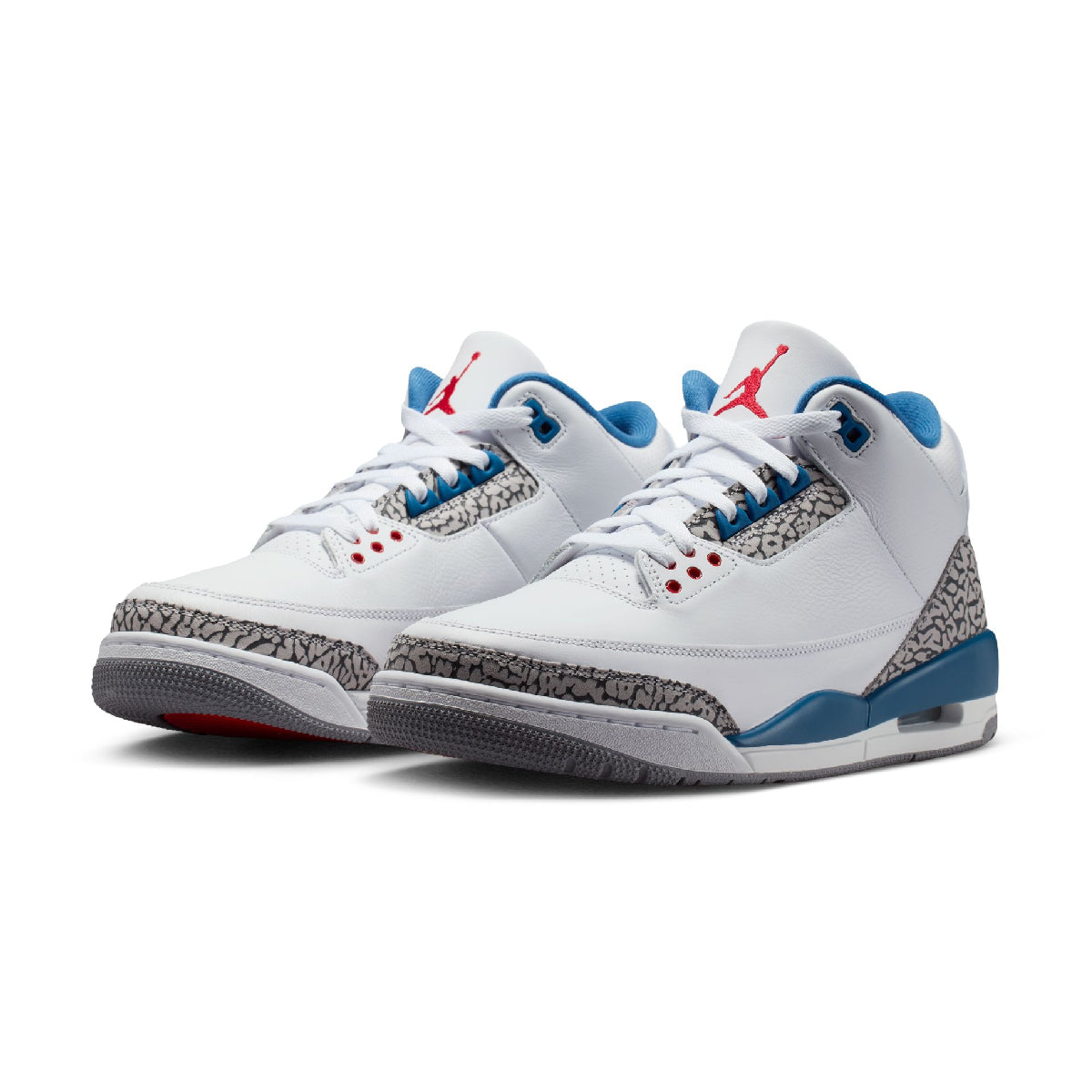 A pair of Air Jordan 3 Retro Low sneakers in white, gray, and blue, featuring a white leather upper, gray elephant print midsoles, blue accents on the collar and outsole, and a red Jumpman logo on the tongue.
