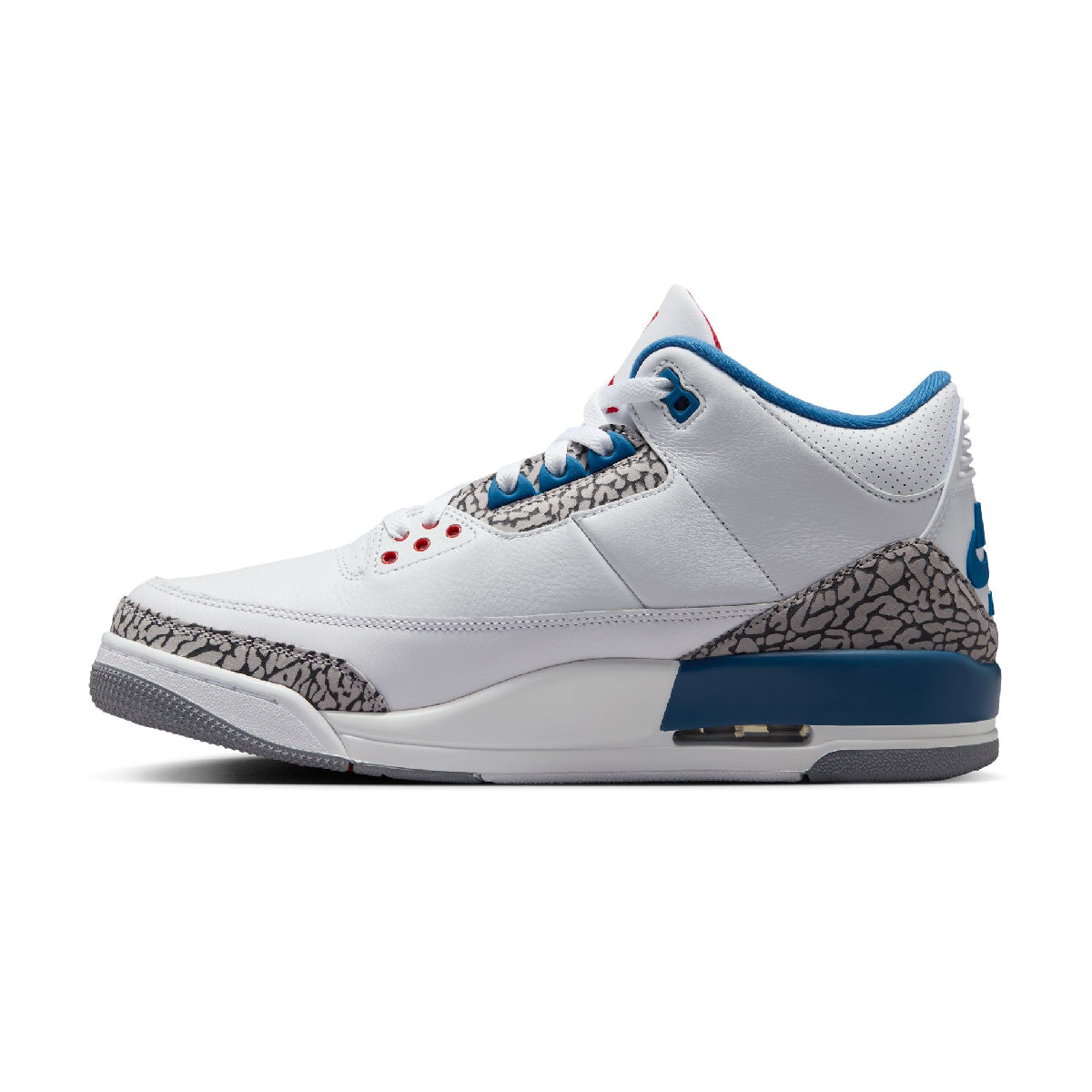 A white Air Jordan 3 Retro Low sneaker with blue accents, featuring the classic gray elephant print on the toe and heel, and red eyelets.