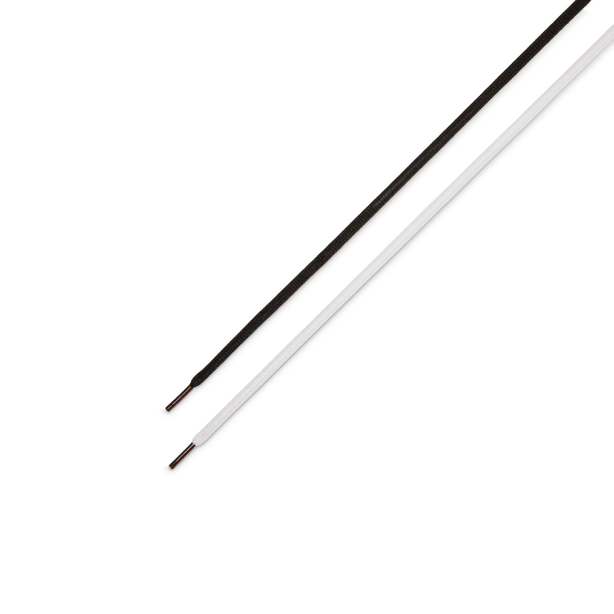 Two thin replacement shoelaces, one black and one white, shown diagonally on a plain white background.