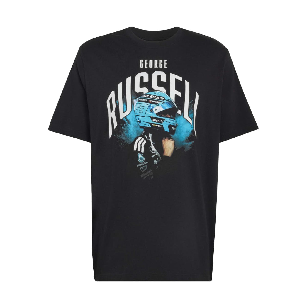 A black short-sleeve graphic t-shirt featuring a racing design with the text 'GEORGE RUSSELL' and a blue race car illustration on the front, displayed against a solid white background.