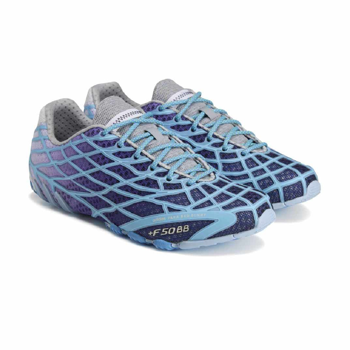 A pair of athletic running shoes in purple, blue, and gray, featuring a distinctive crisscross mesh pattern and the model name 'F50BB' printed on the side.