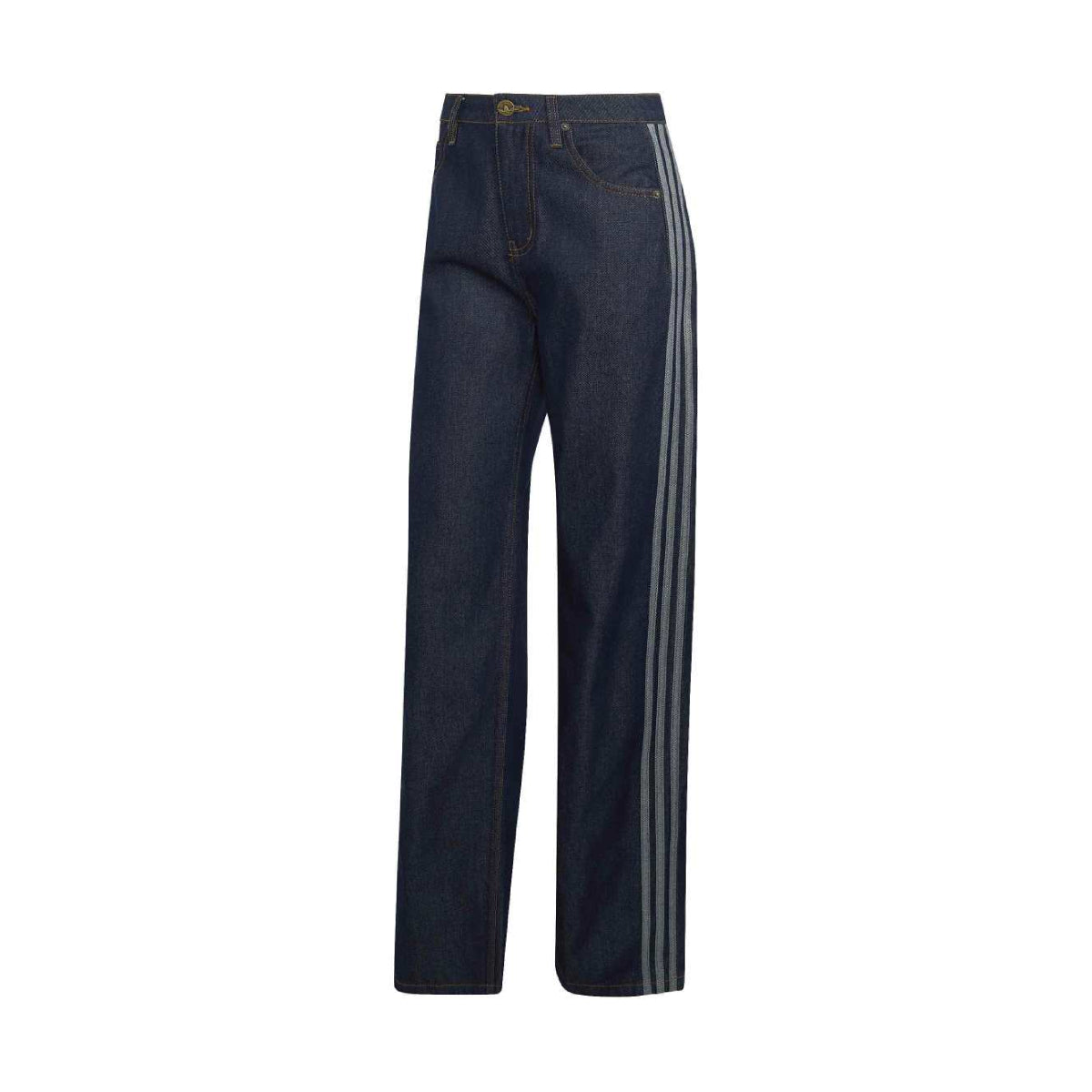 Dark blue denim jeans with three vertical gray stripes down the side of each leg, shown against a plain white background.