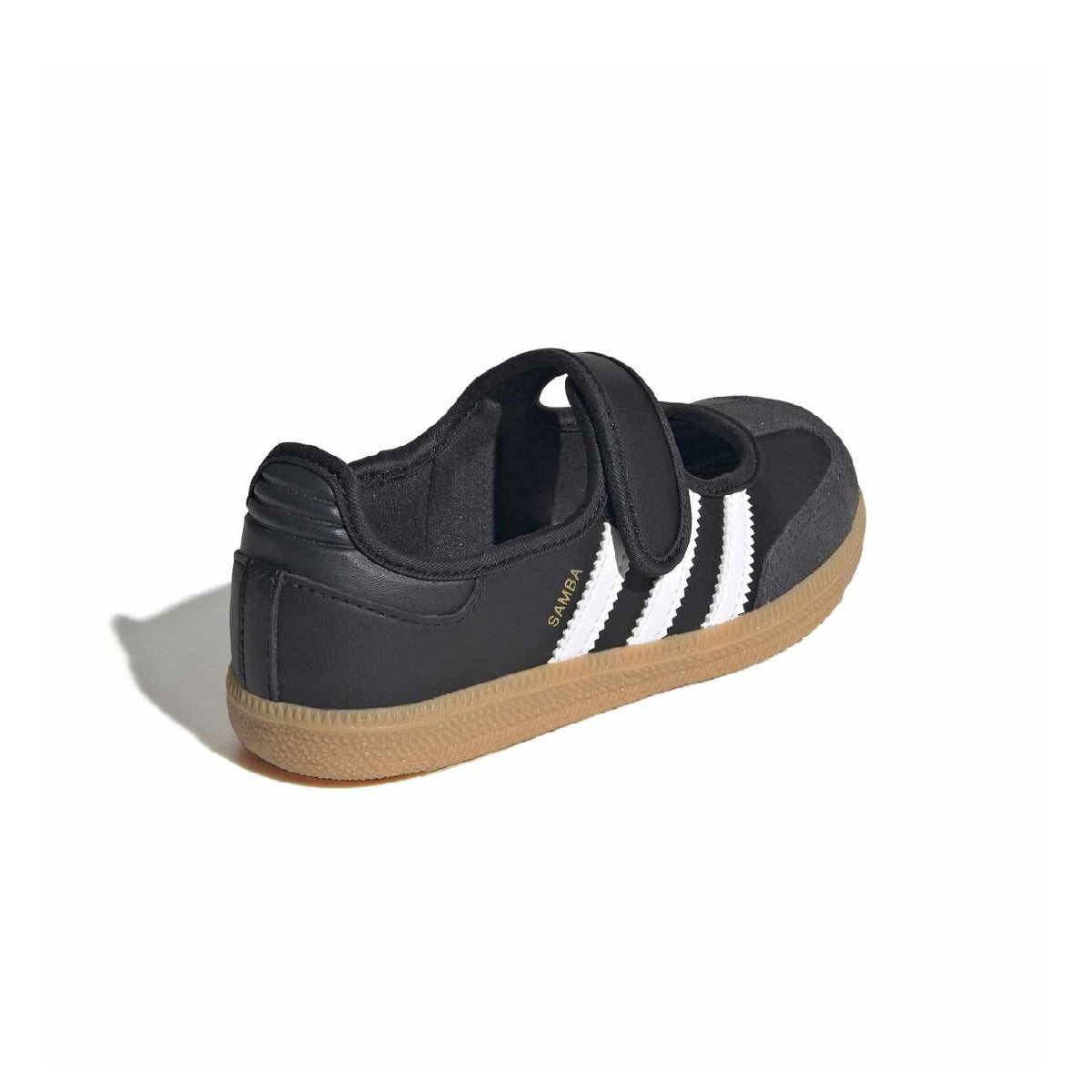 A single Adidas samba shoe in black with white side stripes and a gum sole, photographed from a side-rear angle on a white background.