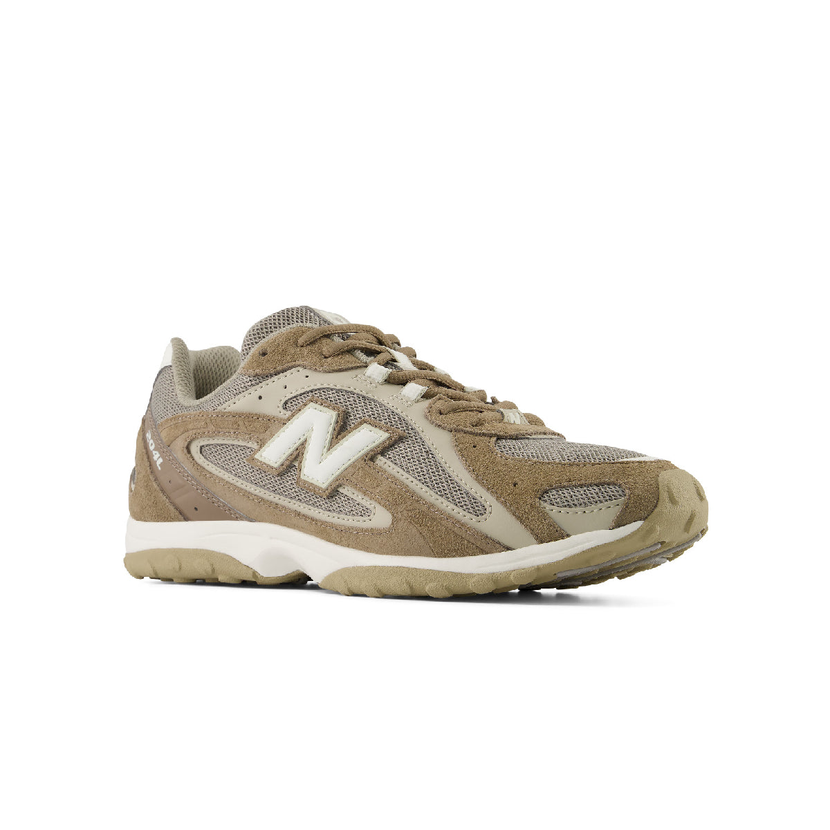 A New Balance athletic sneaker in a muted tan and beige colorway, featuring suede overlays, mesh panels, a white 'N' logo, and a thick white midsole, shown against a plain white background.