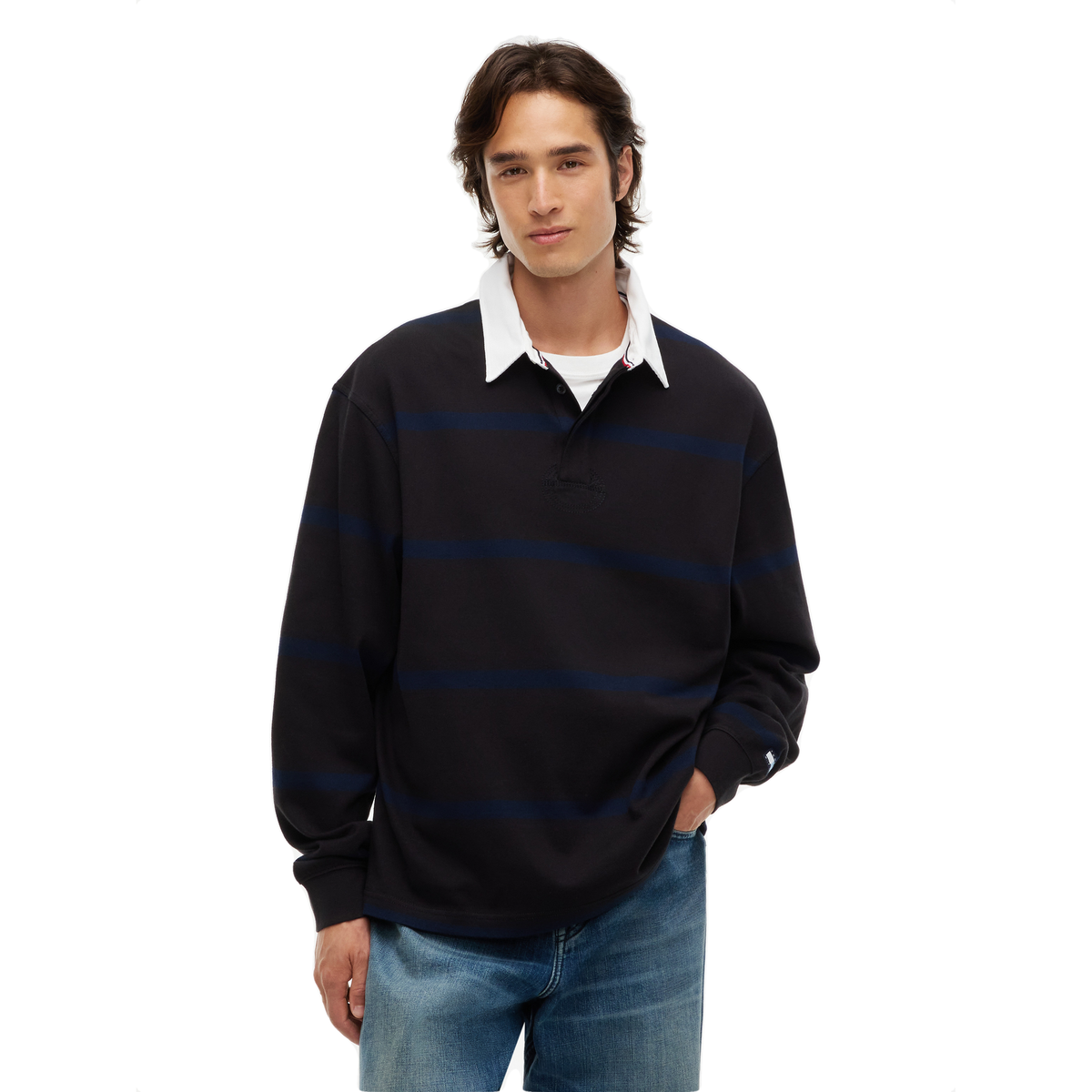 + Fragment Stripe Rugby Shirt 'Black Navy Blue'