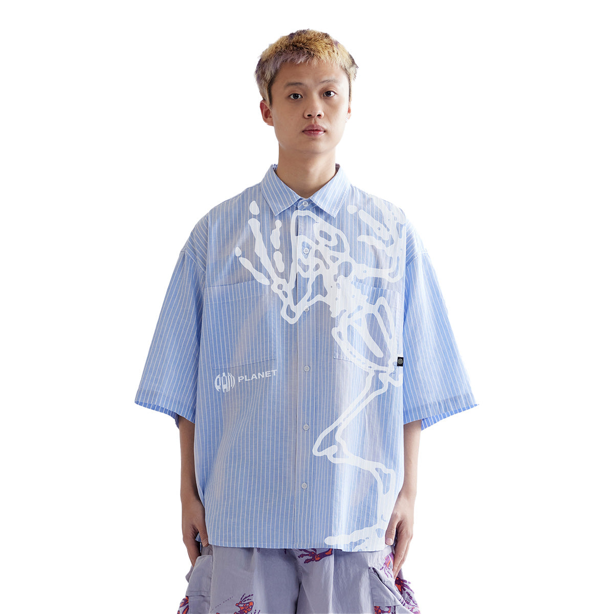 【SATIIIZ】Lapin Stripe High Density Short Sleeve T-shirt Perks And Mini Lil' Bone Oversized Shirt 'Blue Stripe