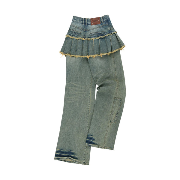 Patchwork Denim Pleats Skirt Jeans 'Washed Blue'