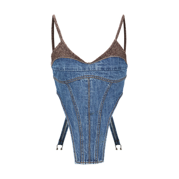 Wmns Chuko Knit Combo Denim Bustier 'Washed Blue'
