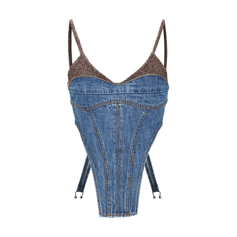 Wmns Chuko Knit Combo Denim Bustier 'Washed Blue'