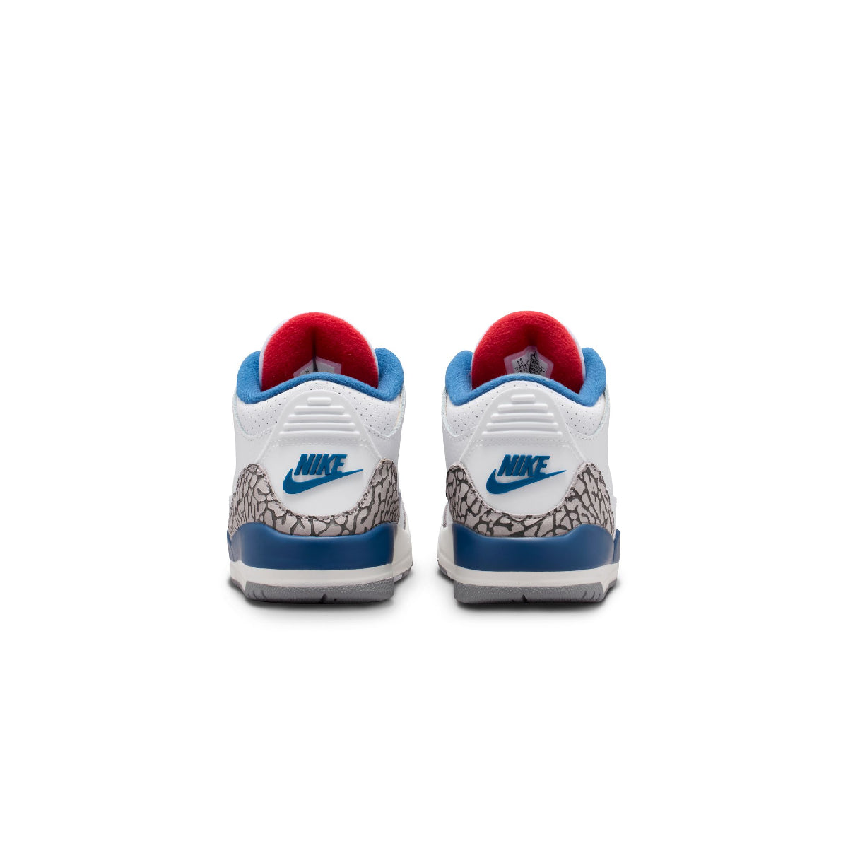 A pair of Nike Air Jordan 3 Retro sneakers shown from the back, featuring a white leather upper, blue and gray elephant print, and a red tongue.
