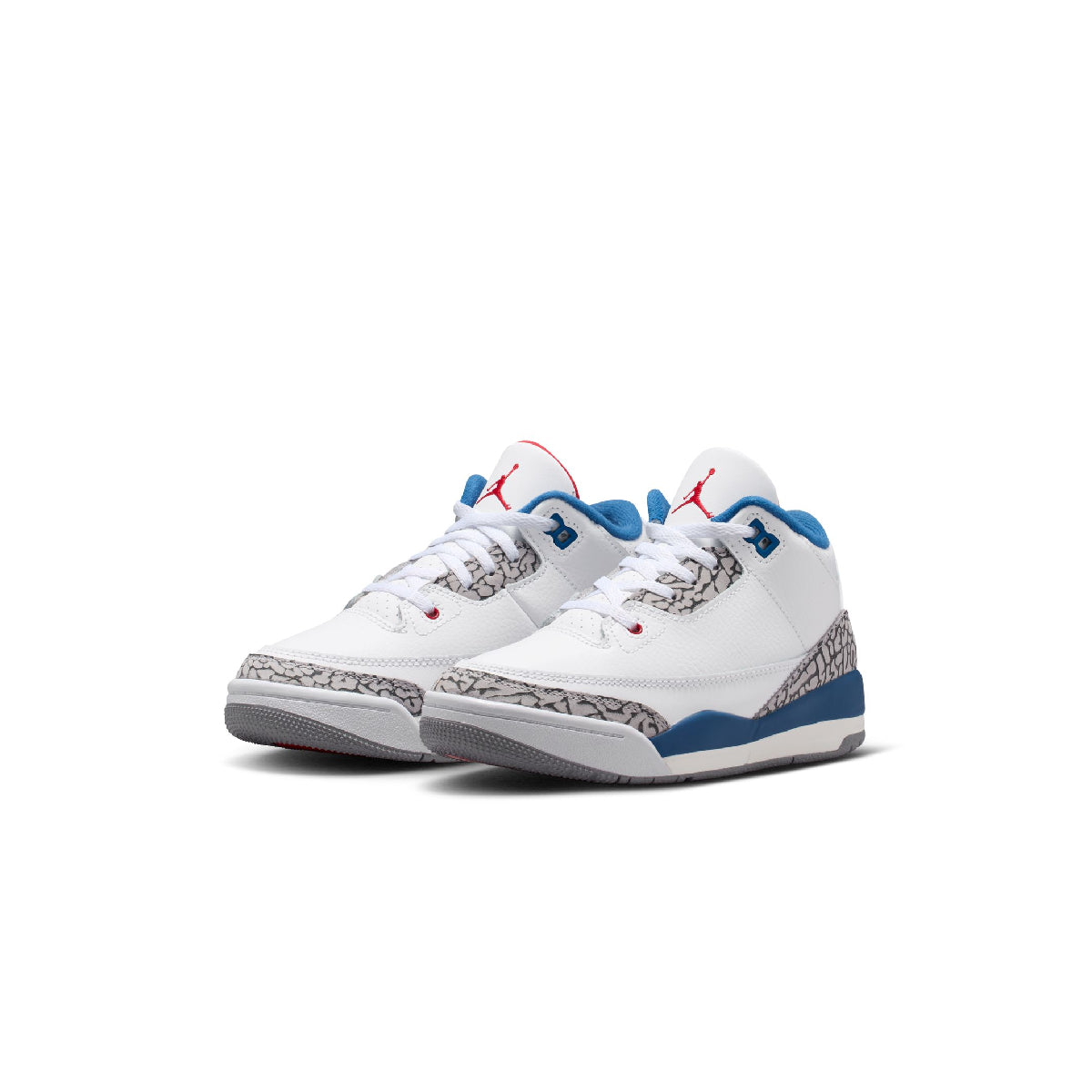 A pair of Air Jordan 3 Retro Low sneakers in white, gray, and blue, featuring a white leather upper, gray elephant print midsoles, blue accents on the collar and outsole, and a red Jumpman logo on the tongue.