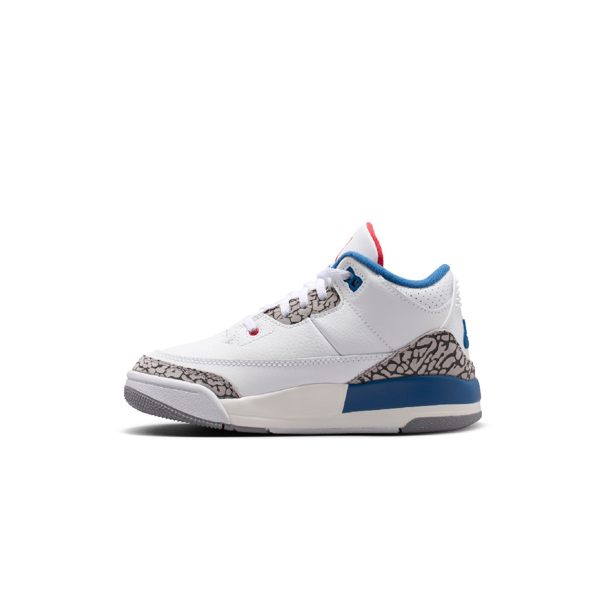 A white Air Jordan 3 Retro Low sneaker with blue overlays, a gray elephant print pattern on the toe and heel, and a red tongue tag, shown in a side profile on a white background.