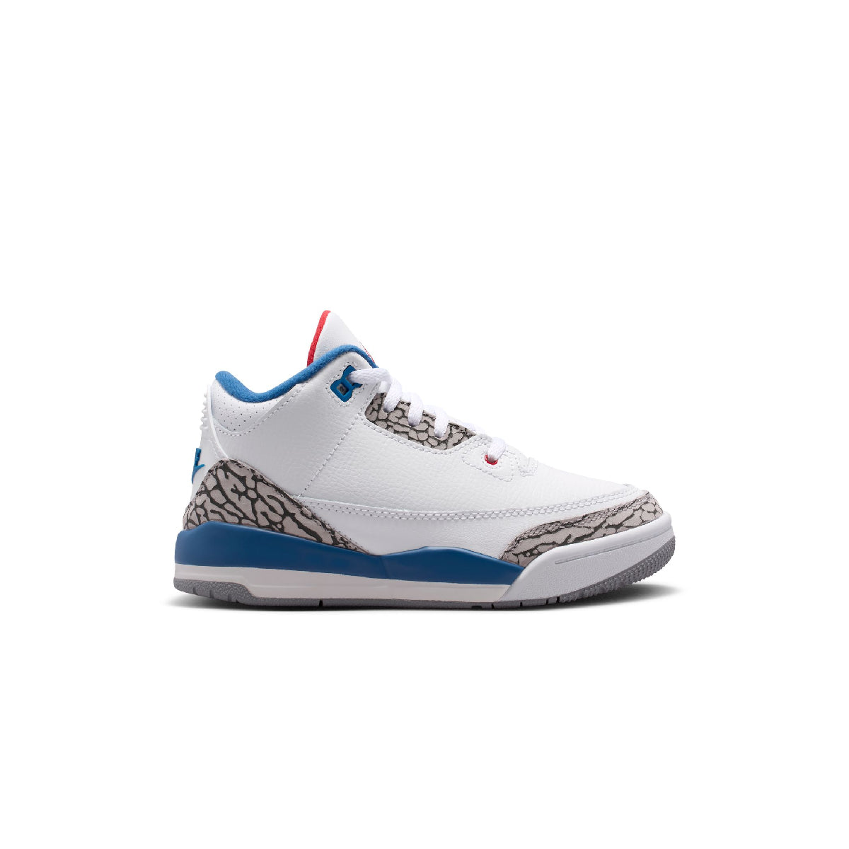 A white Air Jordan 3 sneaker with blue overlays, gray elephant print panels, and red eyelets, shown in a side profile on a white background.