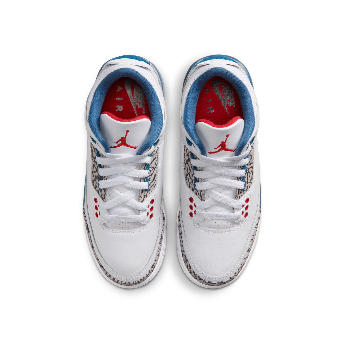 A pair of Air Jordan 3 Retro High sneakers in white, blue, and red, shown from a top-down view on a white background.