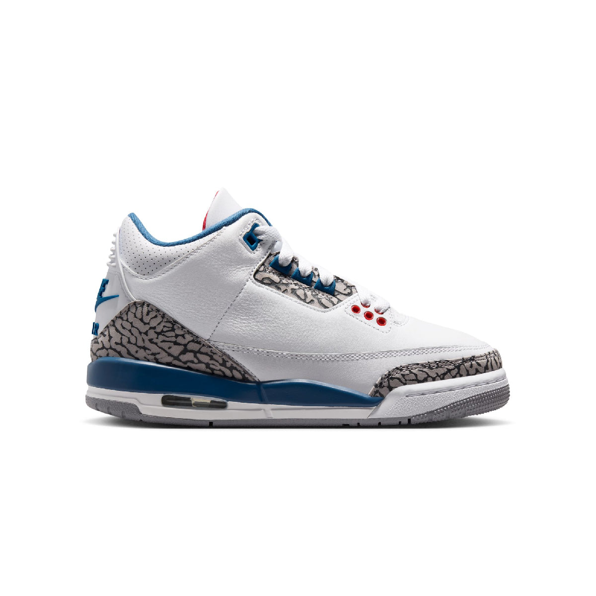 A white Air Jordan 3 sneaker with blue accents, featuring the classic gray elephant print overlays and red eyelets, shown in a side profile on a white background.