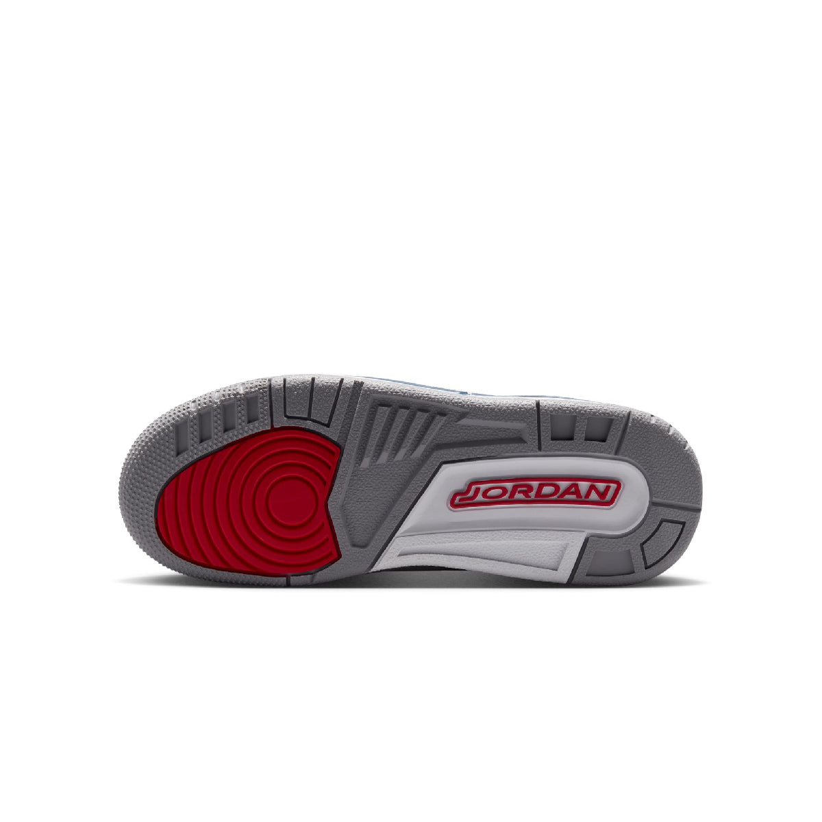 The outsole of a Jordan sneaker, featuring a gray and white rubber design with a prominent red circular tread pattern and a red 'JORDAN' logo.