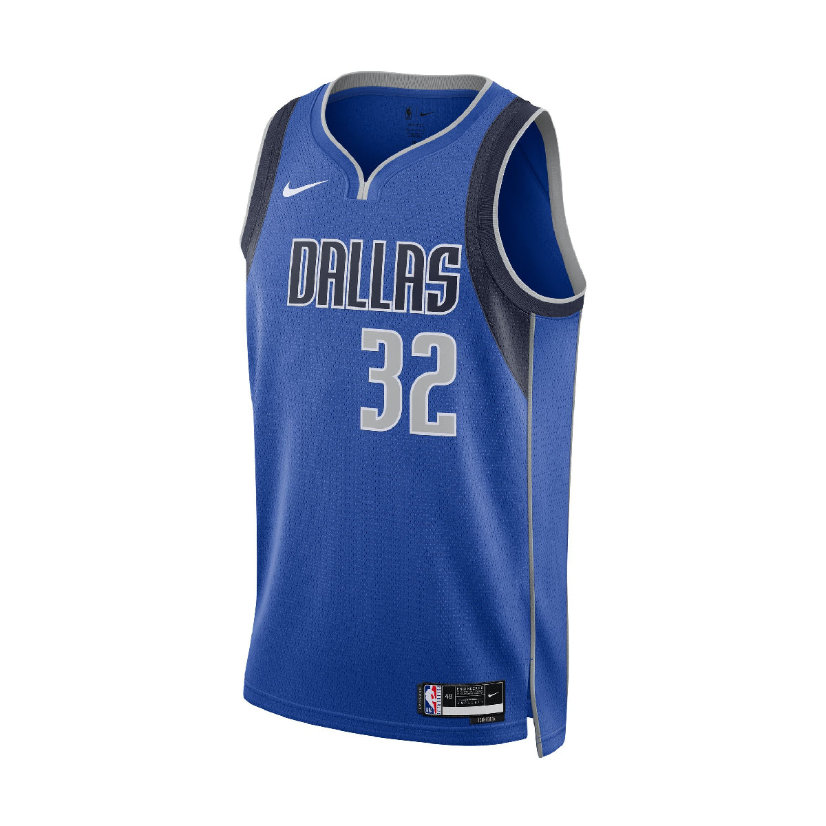 A blue Dallas Mavericks basketball jersey with the number 32 and a Nike swoosh on the chest, shown against a plain white background.
