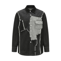 Raw Edge Patched Denim mit jacket 'Black Grey'