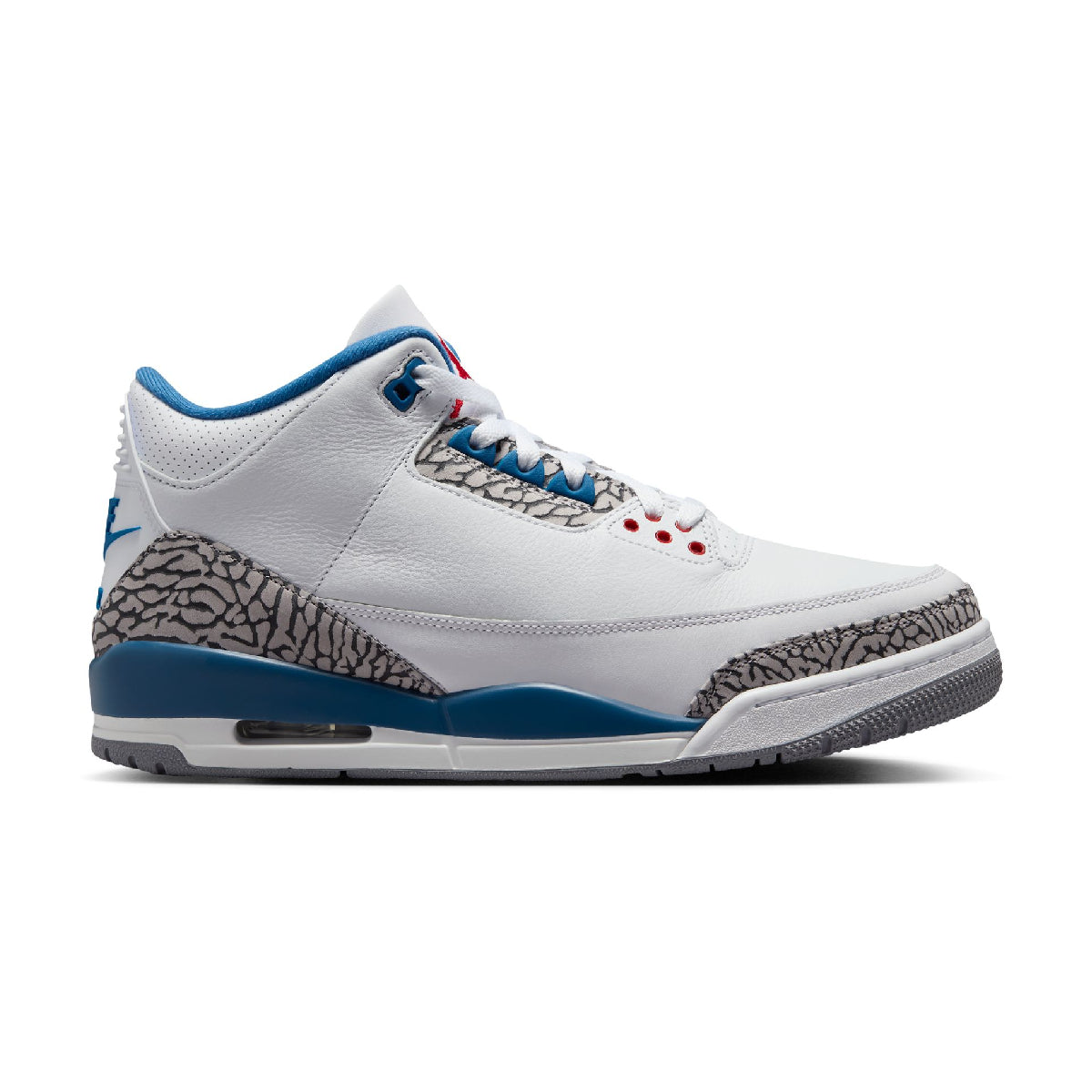 A white Air Jordan 3 sneaker with blue overlays, gray elephant print panels, and red eyelets, shown in a side profile on a white background.