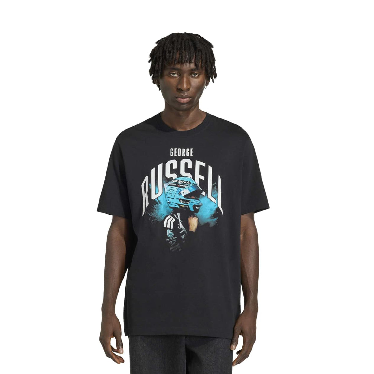 A man wearing a black graphic t-shirt featuring a blue and white print of F1 driver George Russell, shown against a plain white background.