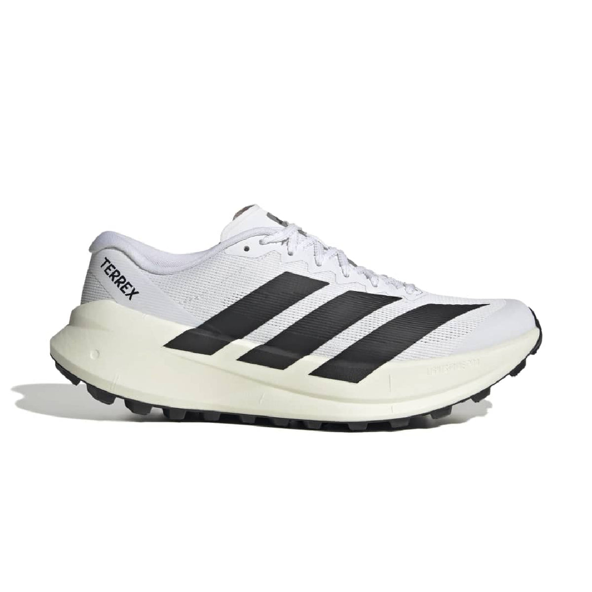 A single Adidas Terrex trail running shoe in white and black, shown from a side profile view against a plain white background.