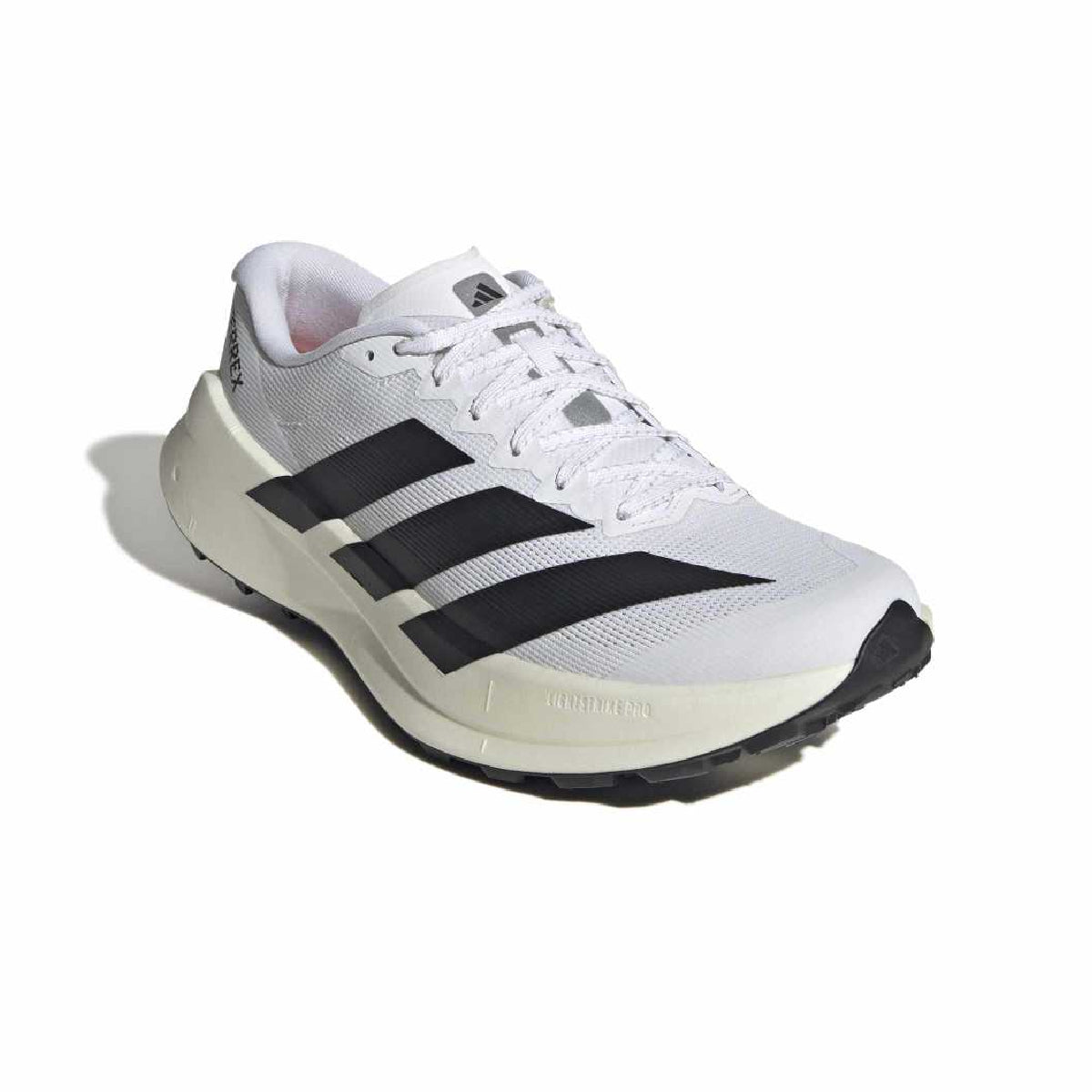 A white Adidas running shoe with three black stripes on the side, a white midsole, and a black outsole, shown on a white background with a soft shadow.