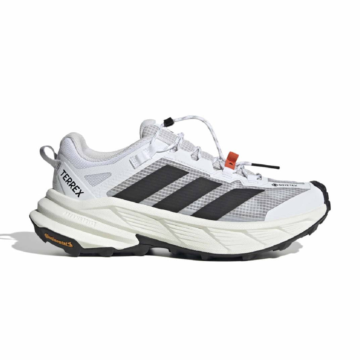 A white and gray Adidas Terrex trail running shoe with black three-stripes, a chunky white midsole, and a black Vibram outsole, shown from a side profile on a white background.