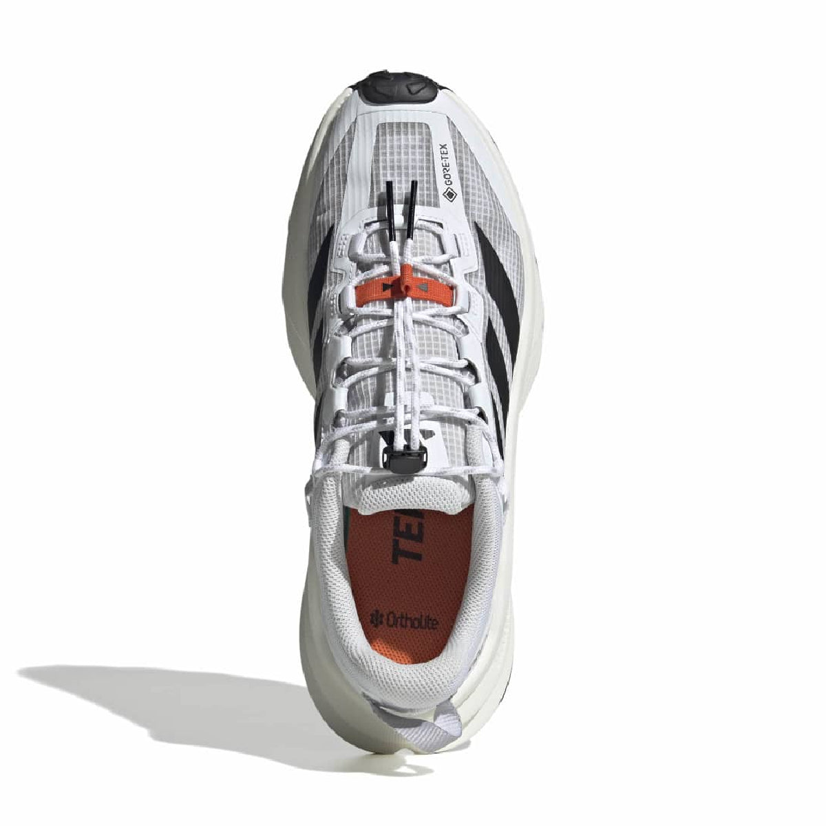 A single white and gray running shoe with black and orange accents, shown from a top-down angle on a white background.