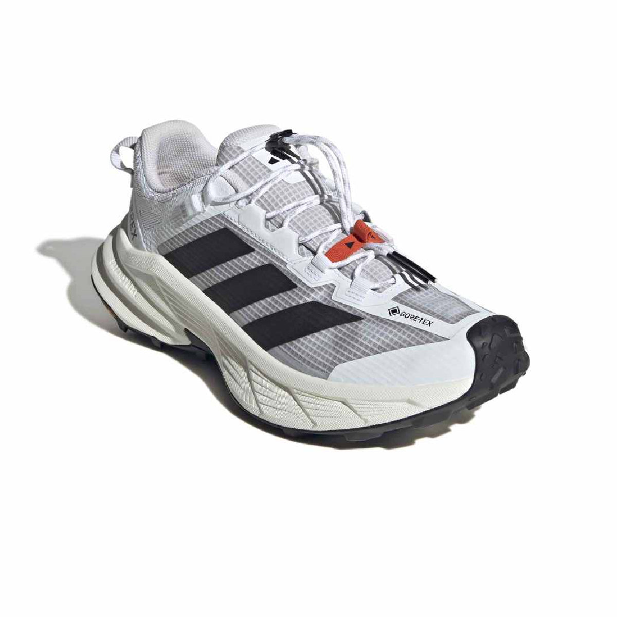 A white Adidas running shoe with three black stripes on the side, a white midsole, and a black outsole, shown on a white background with a soft shadow.