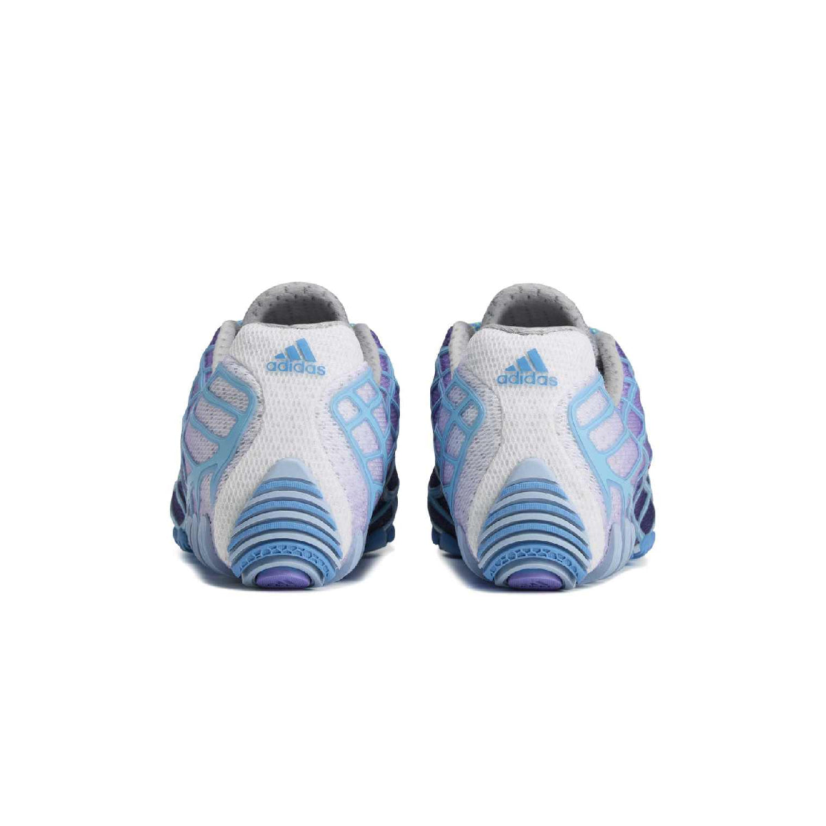 A pair of Adidas running shoes shown from the back, featuring a white mesh upper with light blue and purple accents, and the Adidas logo on the heel.