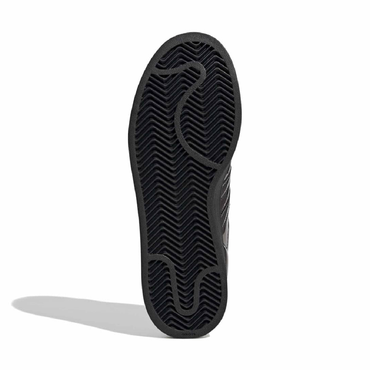The black rubber outsole of a shoe, shown from a top-down view against a white background with a soft shadow.