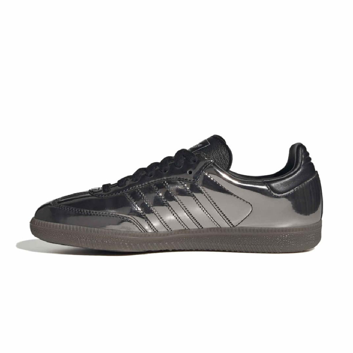 A single Adidas Samba sneaker in a glossy metallic dark gray colorway, shown from a side profile view against a plain white background.