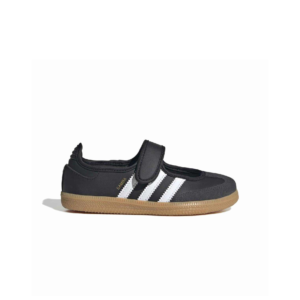 A single black Adidas Samba Jane shoe with a hook-and-loop strap, white three-stripes, and a brown gum sole, shown from a side profile on a white background.