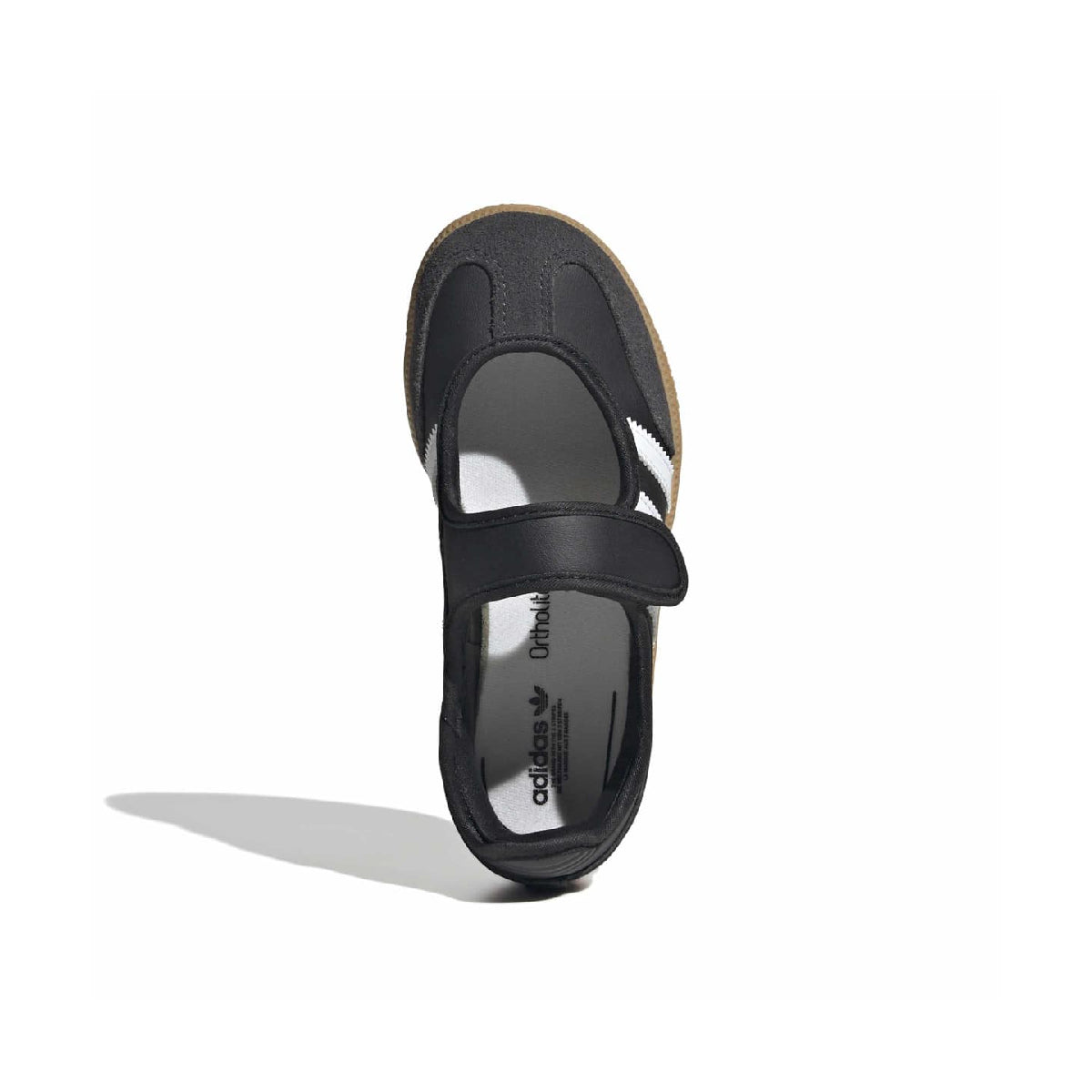 A single black Adidas slip-on sandal with a hook-and-loop strap, shown from a top-down angle on a white background with a soft shadow.