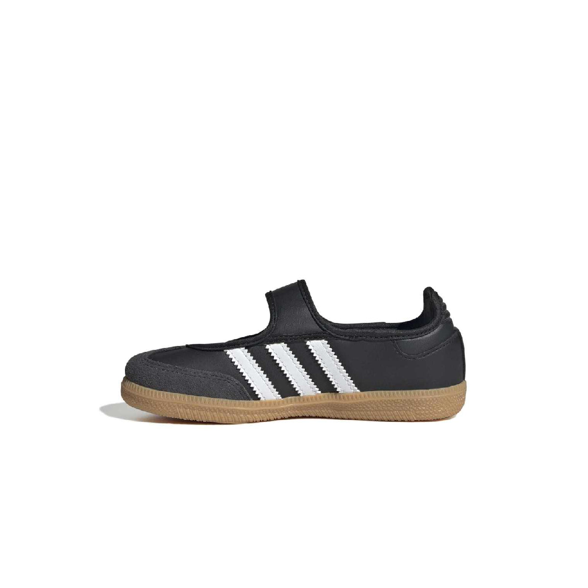 A single Adidas slip-on shoe in black suede with three white stripes and a gum sole, shown from a side profile on a white background.