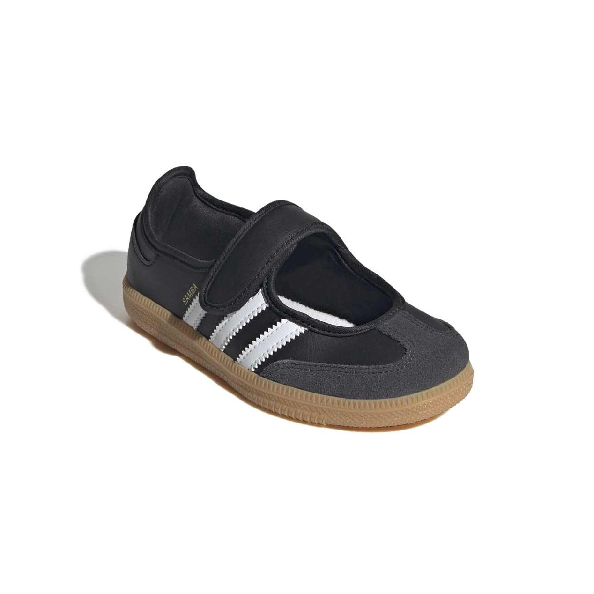 A single Adidas Samba shoe in black suede and mesh with white three-stripes, a black hook-and-loop strap, and a brown gum sole, shown on a white background.