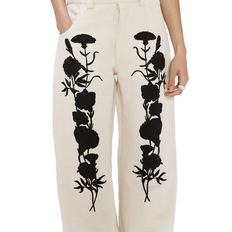 Embroidered Foliage Long Work Pants 'Off White'