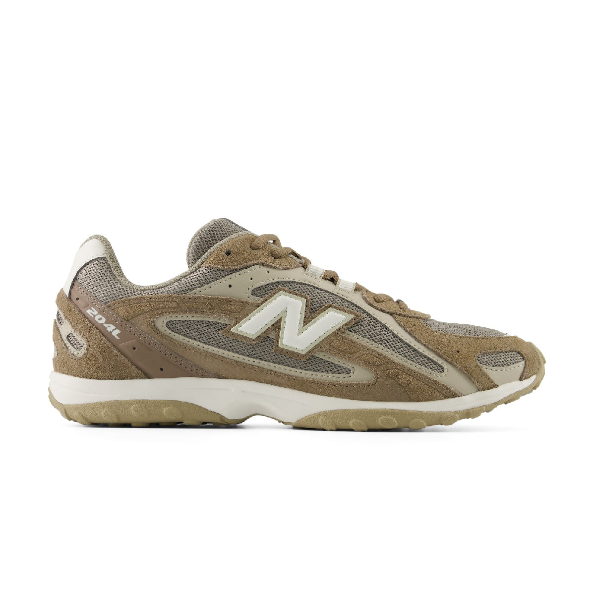A New Balance 204L sneaker in a muted brown and beige colorway, featuring suede and mesh panels with a prominent white 'N' logo on the side.