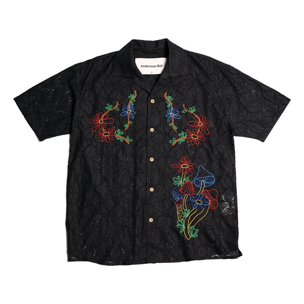 Flower Mushroom Embroidery Open Collar Shirt 'Black'