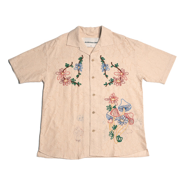 Flower Mushroom Embroidery Open Collar Shirt 'Ecru'