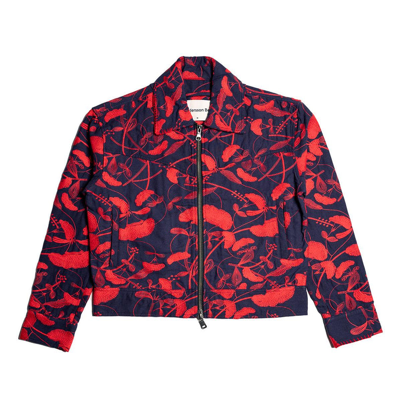 Flower Embroidery Zip-Up 36in Jacket 'Navy'